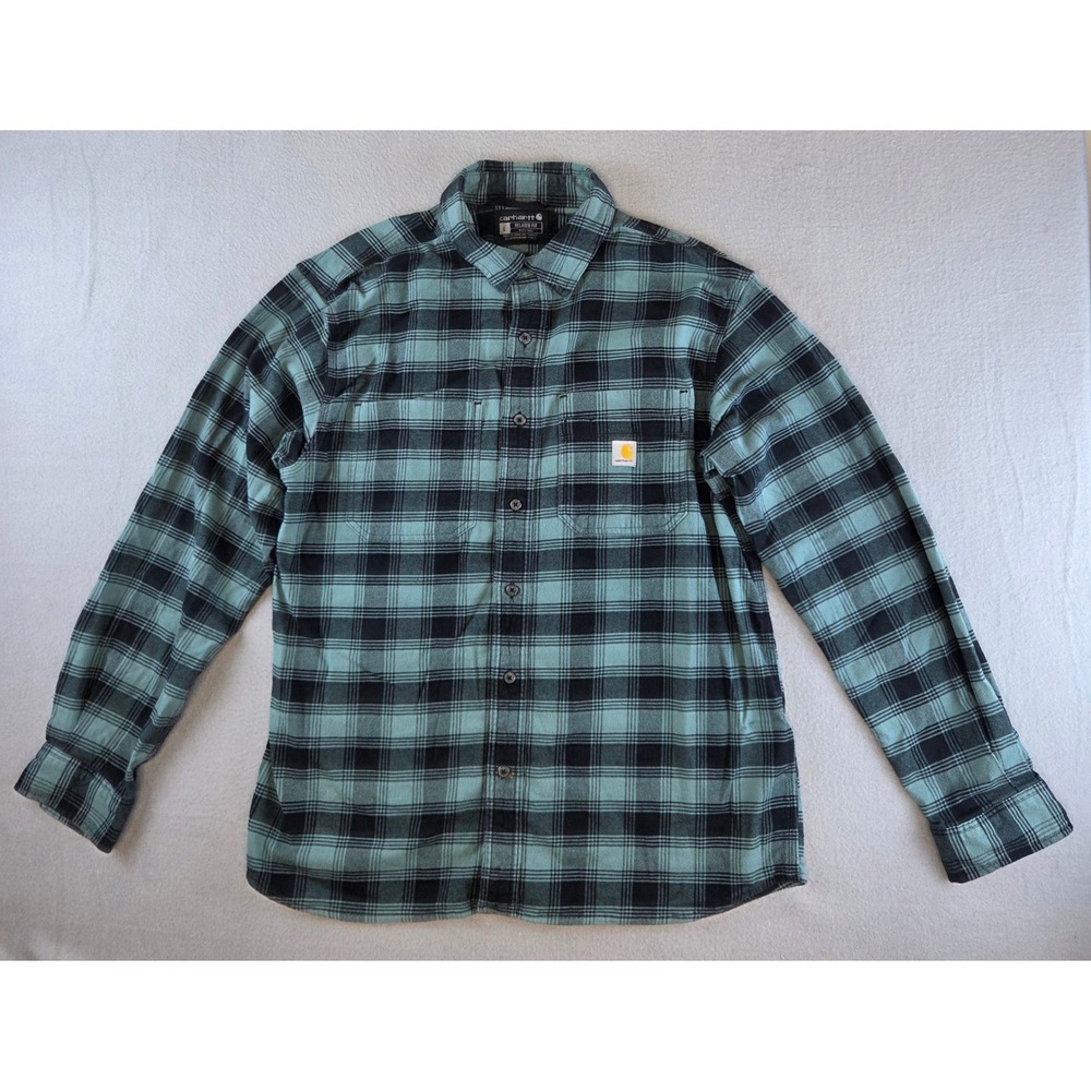 Carhartt Relaxed Fit Flannel Shirt Mens Large Blue Black Plaid Stretch Workwear